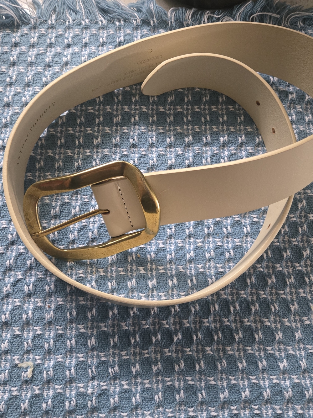 Anthropologie Ivory Leather Belt with Gold Buckle